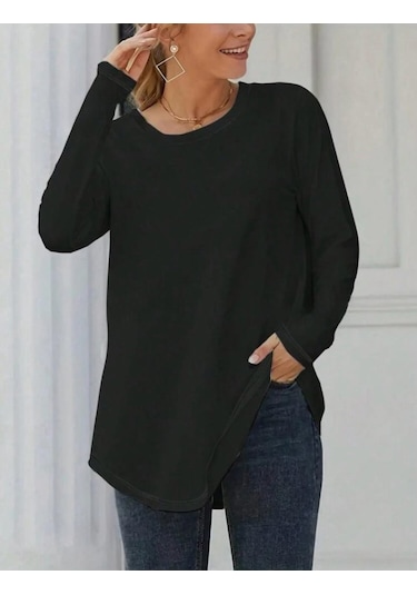 Reka Moda Kadın Uzun Kollu Yuvarlak Yaka Salaş Iki Iplik Bluz Siyah