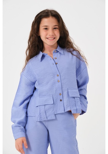 Genç Kız Çocuk Cepli Uzun Kollu Gömlek Mavi