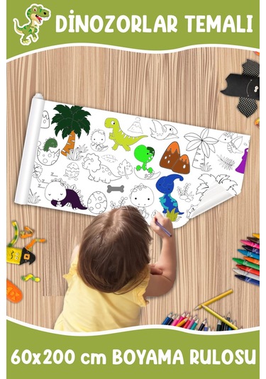 Melolisa Dinozorlar Temalı Dev Boyama Rulosu Bebek Ve Çocuk Için Eğitici 60x250 Cm Aktivite Kağıdı