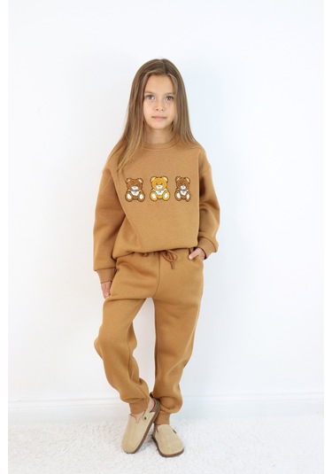 Kız Çocuk 3'lü Ayıcık Nakışlı 3 İplik Oversize Şardonlu Takım Kahverengi