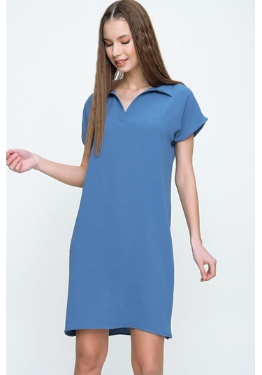 Kadın Bol Kesim Polo Yaka Kısa Kollu Günlük Kısa Midi Elbise Dizüstü 2883200 Mavi
