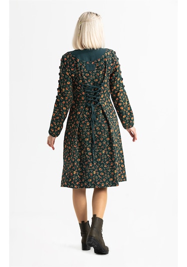 Uzun Kol Pazen Eftelya Çıtır Desen Midi Boy Elbise Petrol Ptrl