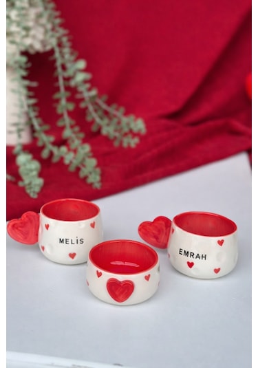 İsme Özel Kalp Seti 2 Adet Mug & 1 Adet Kase Kırmızı Beyaz