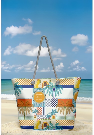 Miami Beach Tropikal Patchwork Desenli Geniş Hacimli Astarlı Kadın Plaj Çantası Renkli