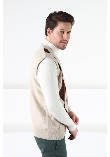 Ferraro A.Bej Baklava Desenli V Yaka %100 Kuzu Yünü Erkek Süveter