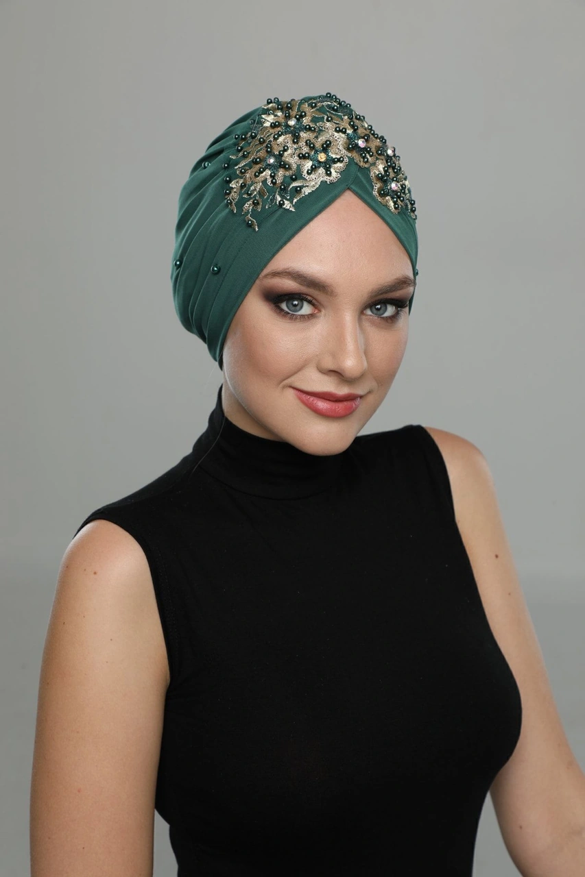 Kopma Astarlı Işlemeli Yeşil Sırma Motifli Hazır Türban Tesettür Abiye Bone Yeşil Sırma