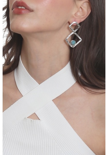 Labalaba Kadın Lak Gümüş Renk Doğaltaşlı Çivili Model Geometrik Formlu El Yapımı Küpe Gümüş - Açık Mavi