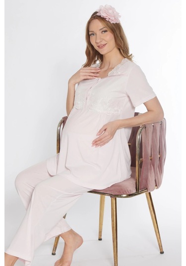 Lohusa Hamile Dantel Detaylı Kısa Kol Pijama Takımı Emzirme Hastane Çıkışı Flz 24-73