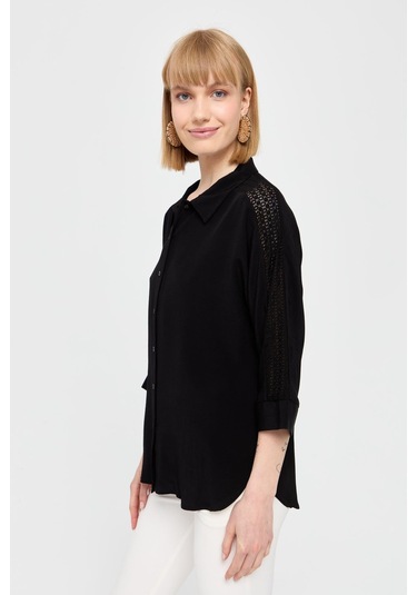 Kadın Kolları Dantel Şeritli Maroken Gömlek Siyah Siyah