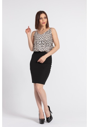 Yüksek Bel Diz Üstü Şık Kumaş Kalem Etek-Siyah