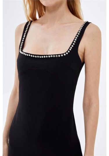 Siyah Kare Yaka Taş İşlemeli Mini Elbise-siyah Siyah