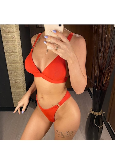 Ladyrosi Kırmızı Halka Detaylı Alt Üst Bikini Takım Kırmızı