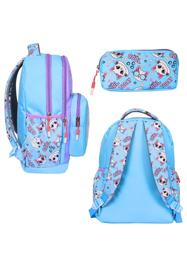 Kedi Baskılı Mavi, 3 Lü İlkokul Kız Çocuk Beslenmeli Ve Kalemlikl