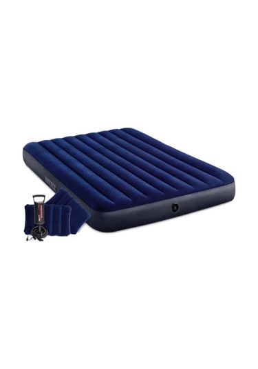 Intex Çift Kişilik Şişme Yatak + 2 Yastık + Pompa / Kamp Seti Lacivert