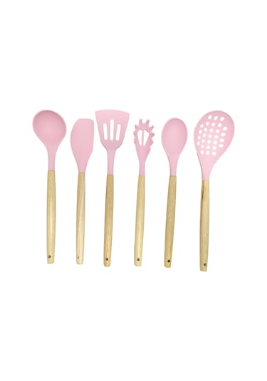 Ivory Doğal Bambu Saplı %100 Silikon Mutfak Seti 6 Parça Pembe Pembe