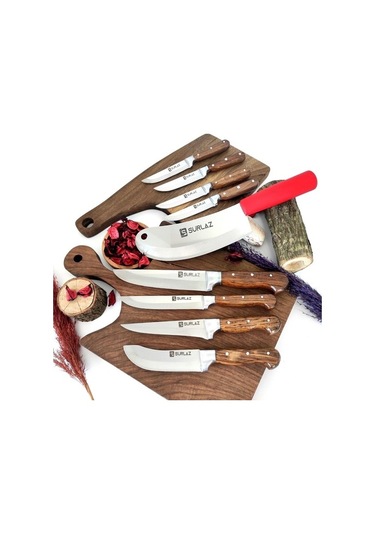 Sürlaz Pro 9 Parça Bıçak Seti Çeyizlik Bıçak Serisi Kahverengi - Kırmızı