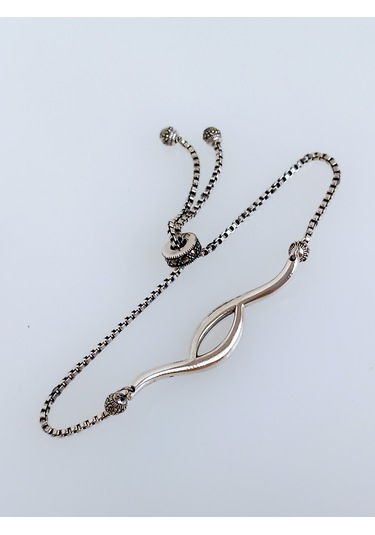 925 Ayar Gümüş Siyah Lale Tasarım Markazit Taşlı Kadın Asansör Bileklik B130 Gümüş