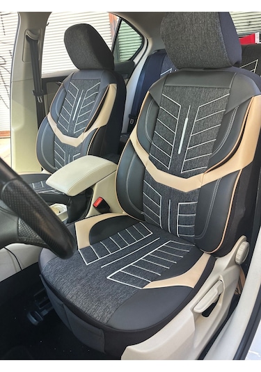 Argalı Renault Taliant Oto Koltuk Kılıf Üniversal Keten Ve Suni Deri Cepli Oto Koltuk Kılıf Bej