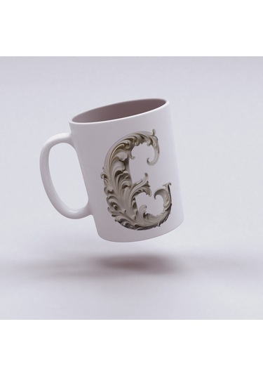 E Harfi Bardak, Monogram 330 Ml Barok Oymalı Görünüm Beyaz