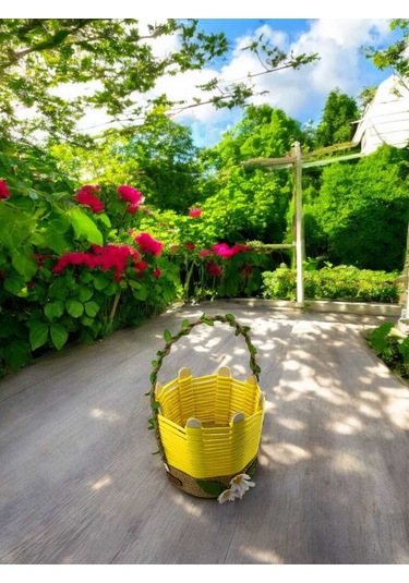 El Yapımı Çok Amaçlı Hasır Sepet Banyo Makyaj Kutusu Takı Organizer Komodin Sarı