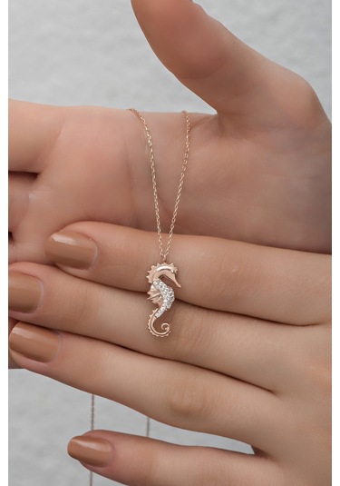 Nereze 925 Ayar Gümüş Rose Zirkon Taşlı Deniz Atı Kolye
