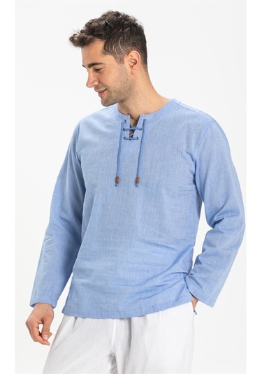 Uzun Kol Şile Bezi Zımbalı Erkek Tshirt Mavi 3032