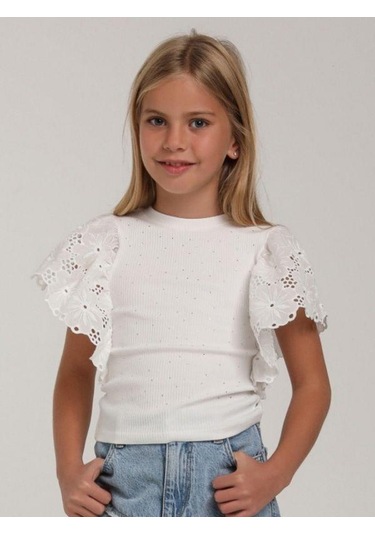 Kız Çocuk Pamuklu Kolsuz Kolları Güpür Bedeni Taşlı Bluz-15601 Beyaz