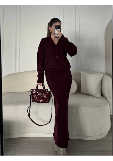 V Yaka 3 Düğmeli Hırka Takım Triko İkili Etekli - Bordo Bordo
