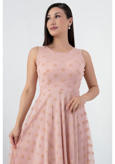 Sifir Kol Yuvarlak Abiye Elbise Pudra