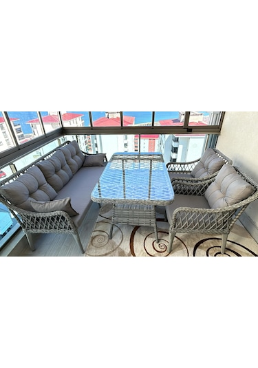 Kaş 3+1+1+masa Rattan Bahçe Balkon Mobilyası Gri