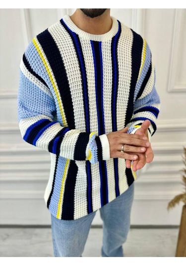 Kazak Oversize Renkli Örgü Desenli Naturel Pamuk Bol Kesim Salaş Triko Kazak Mavi