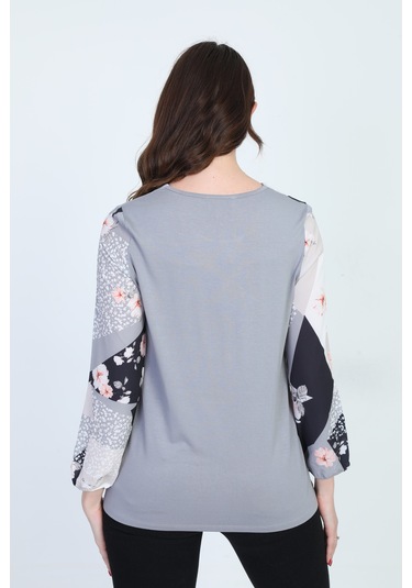 Ella Camelia Kadın Uzun Kollu Çiçek Desenli Bluz 18E081 Gri