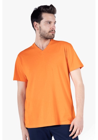 T-shirt V Yaka %100 Pamuk Turuncu
