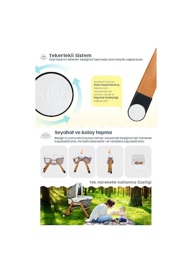 Kiwi Sleeper Anne Yanı Reflü Ayarlı, Tekerli, Katlanır Ahşap Beşik - Antik Bohem Desenli