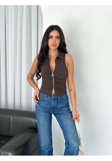 Yakalı Tam Fermuarlı Kolsuz Bluz - Kahverengi Siyah