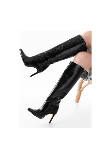 Syt-2004 Siyah Kroko Günlük Bayan Çizme Siyah