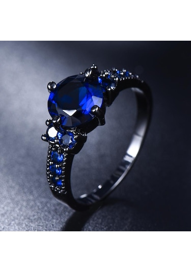 Vintage Mavi Yuvarlak Kristal Siyah Altın Renk Yüzük Alyanslar Kadınlar Için Aşk Promise Nişan Takı 5 Çok Renkli