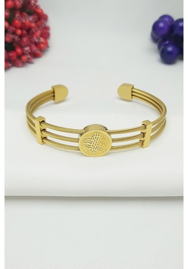 Altın Kaplama Üçlü Kordon Tuğra Çelik Bileklik 19,5cm Gold