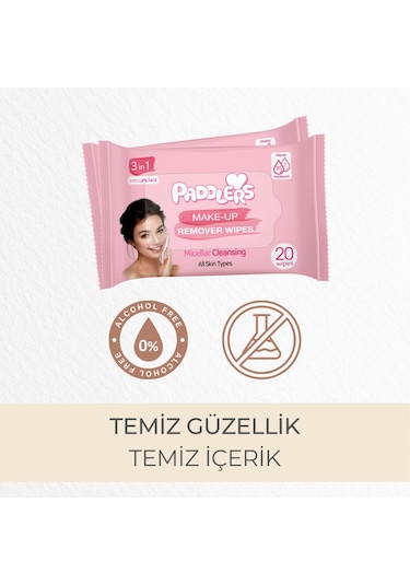 Paddlers 3'ü 1 Arada Makyaj Temizleme Mendili 6 x 20'li