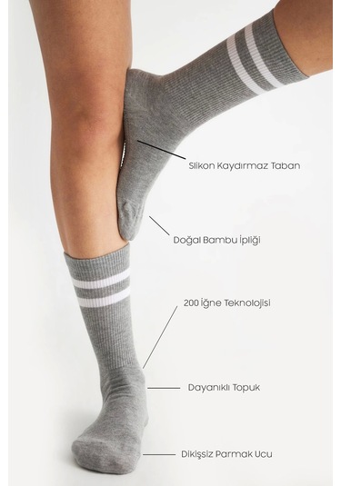 Bambu Kadın Gri Kaydırmaz Taban Silikon Baskı Yoga Fitness Pilates Bale Dans Tenis Çorabı Çok Renkli