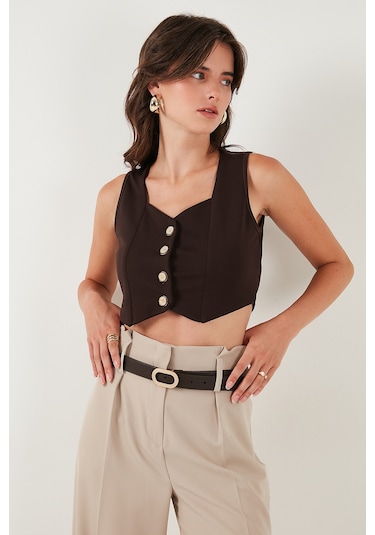 Lela Slim Fit Kalp Yaka Düğmeli Kalın Askılı Crop Bayan Yelek 5865497 Kahve