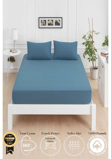 Mirava Premium %100 Pamuk Penye Lastikli Tek Kişilik Çarşaf Takımı 1 Yastık Kılfı Dahil İndgo Mavi 100x200cm Indigo