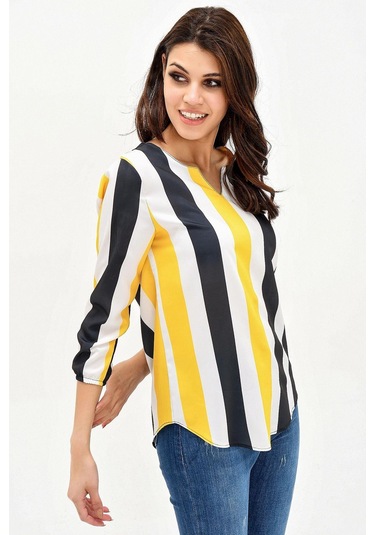 Kadın Siyah & Sarı Yakası Yırtmaçlı Çizgili Krep Bluz Truvakar Kol Kaliteli Dokulu Kumaş Siyah - Sarı