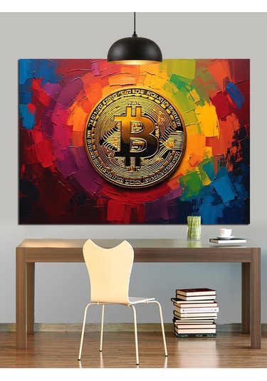 Renkli Fonda Bitcoin Sembolü Dekoratif Kanvas - Mdf Ahşap Tablo