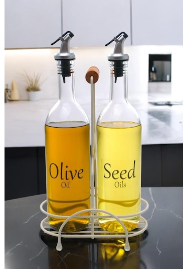 Digithome Luxe 2'li Krem Metal Standlı Ahşap Saplı Yağdanlık Seti Şeffaf Etiketli Cam Yağlık 750 Ml Cys-12 Krem