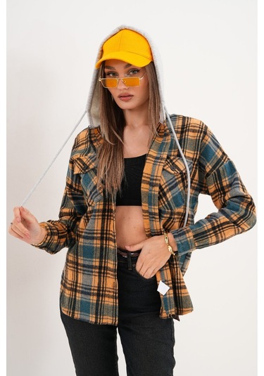 Kadın Desenli Renkli Oduncu Oversize Bol Ve Geniş Kalıp Casual Çift Kapüşonlu Ceket Gömlek Kahverengi - Mavi