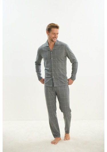 Erkek Uzun Kol Gömlek Yaka Önden Düğmeli Gri Pijama Takım C3t2n5o9 001