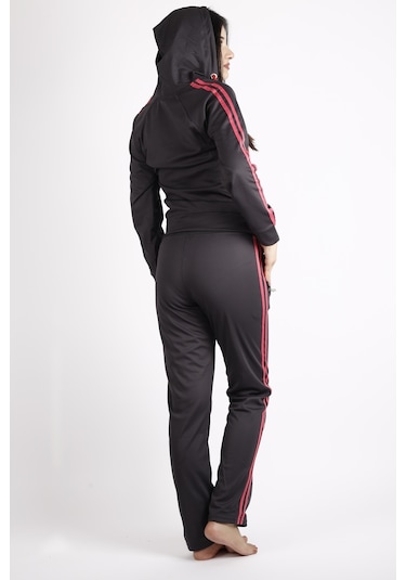 Kadın Füme Kırmızı İki Şeritli Biyeli Fermuarlı Kapüşonlu Spor Eşofman Takımı 21kestax11 001