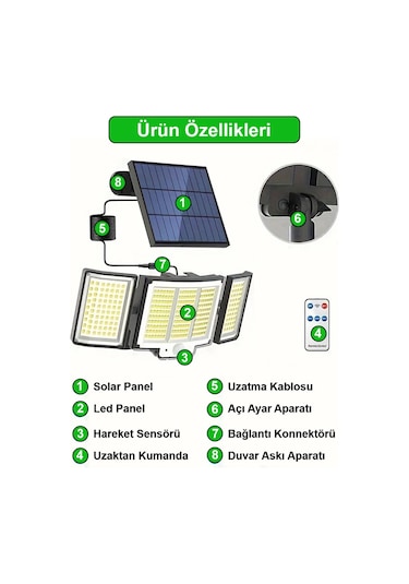 Greentech 348 Ledli, Güneş Enerjili, Hareket Sensörlü, 3 Taraflı Aydınlatma / Gt-sl30 1