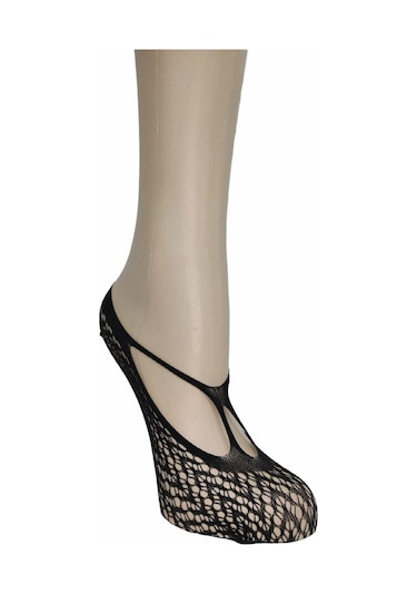 Leydi Çapraz Bağlı Lazer Kesim Dantelli Babet Çorabı Siyah - Siyah